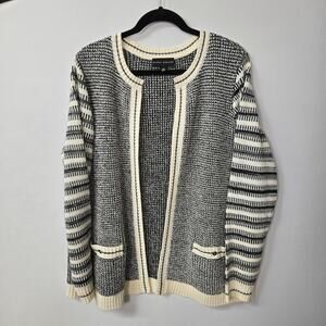 Susan Graver Style Women's Open-Front Cardigan Sweater in Black/Ivory Knit, XL